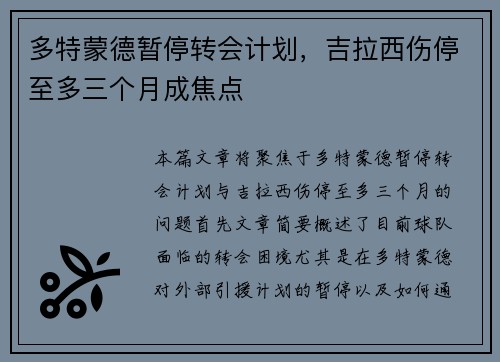 多特蒙德暂停转会计划，吉拉西伤停至多三个月成焦点