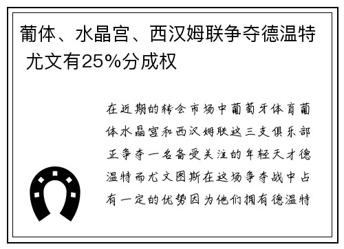 葡体、水晶宫、西汉姆联争夺德温特 尤文有25%分成权
