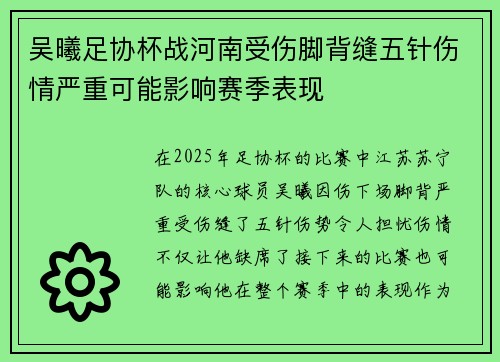 吴曦足协杯战河南受伤脚背缝五针伤情严重可能影响赛季表现