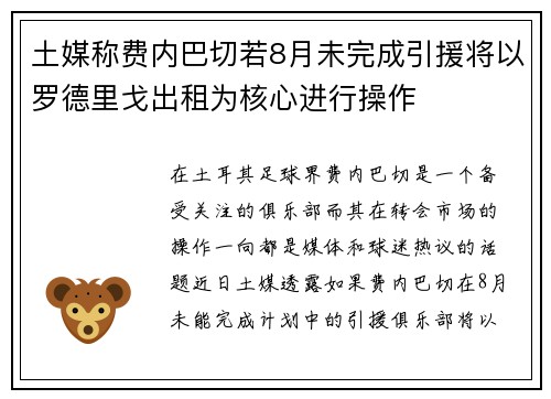 土媒称费内巴切若8月未完成引援将以罗德里戈出租为核心进行操作